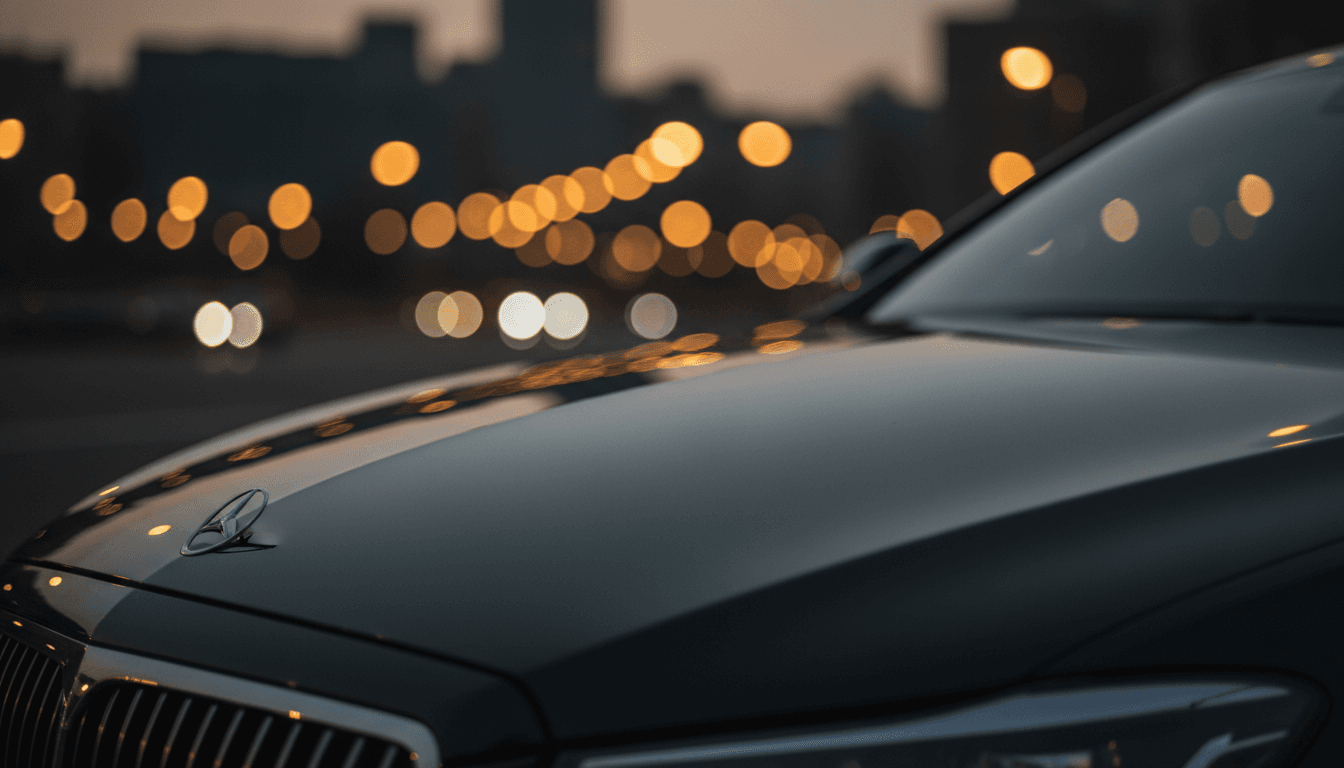 Close-up of luxury sedan hood with reflected city lights at dusk
