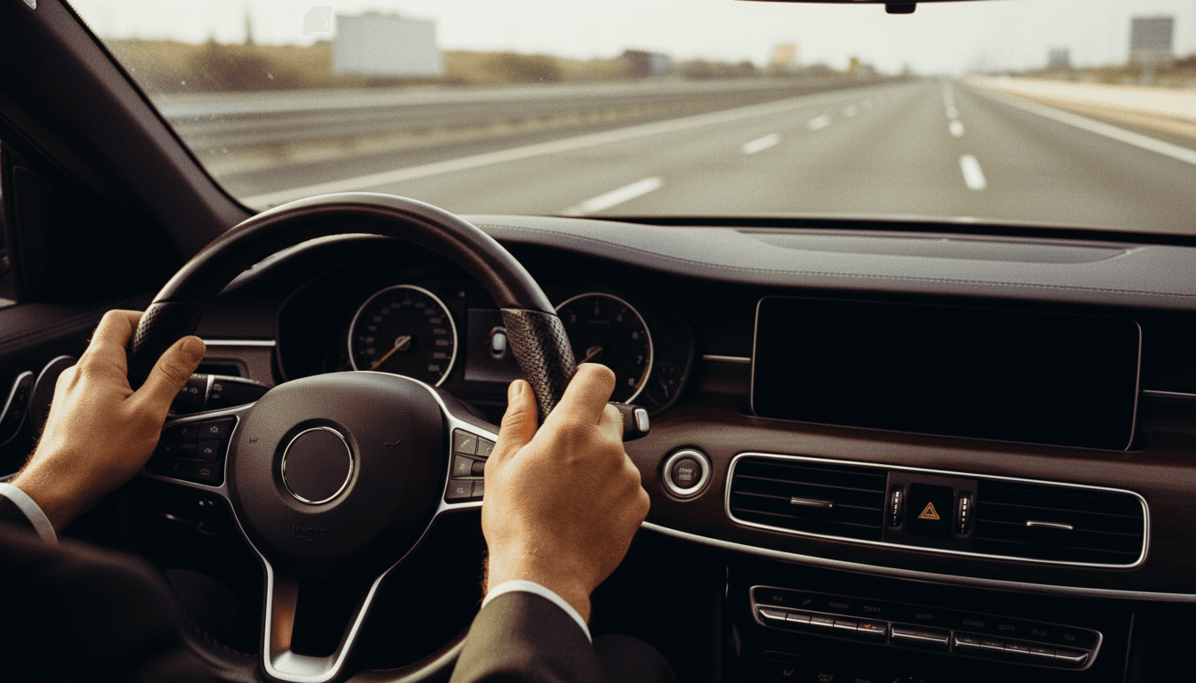 Chauffeur's hands on steering wheel, close-up detail shot
