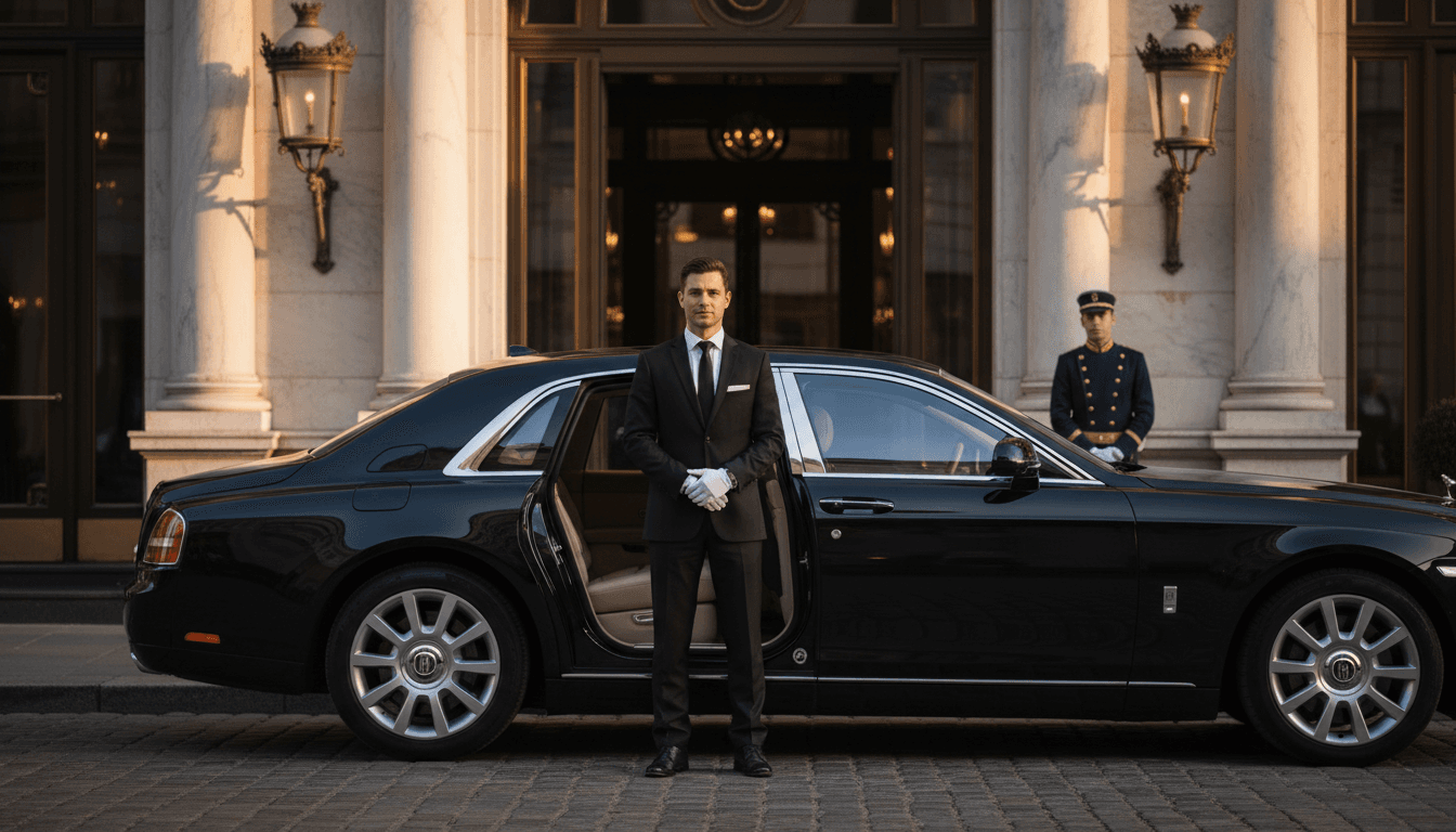 Luxury sedan at hotel entrance with professional chauffeur opening rear door
