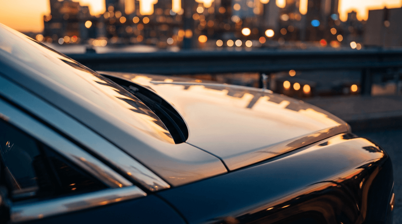 Close-up of a luxury car's polished surface under golden hour light