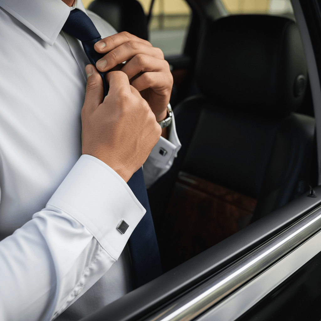 Chauffeur in formal attire adjusting dress shirt before wedding service