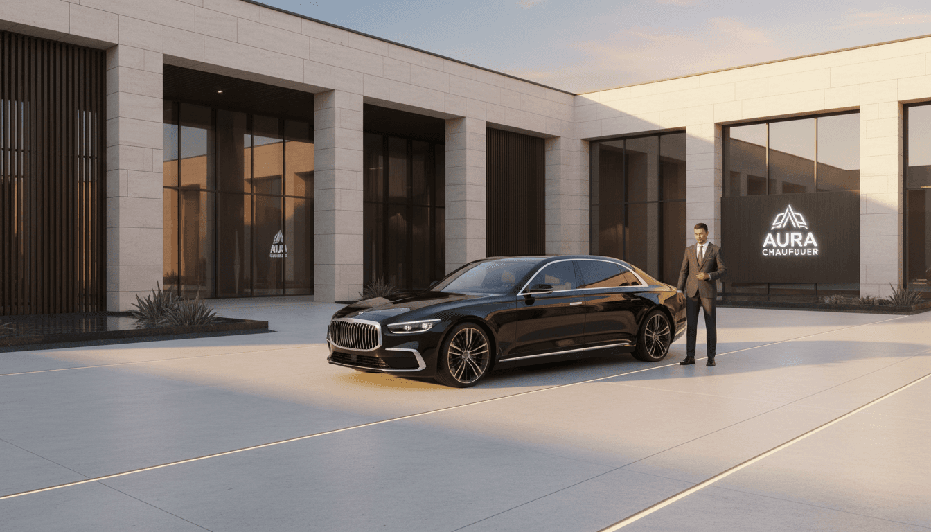 Luxury sedan parked at an elegant venue entrance with chauffeur standing ready