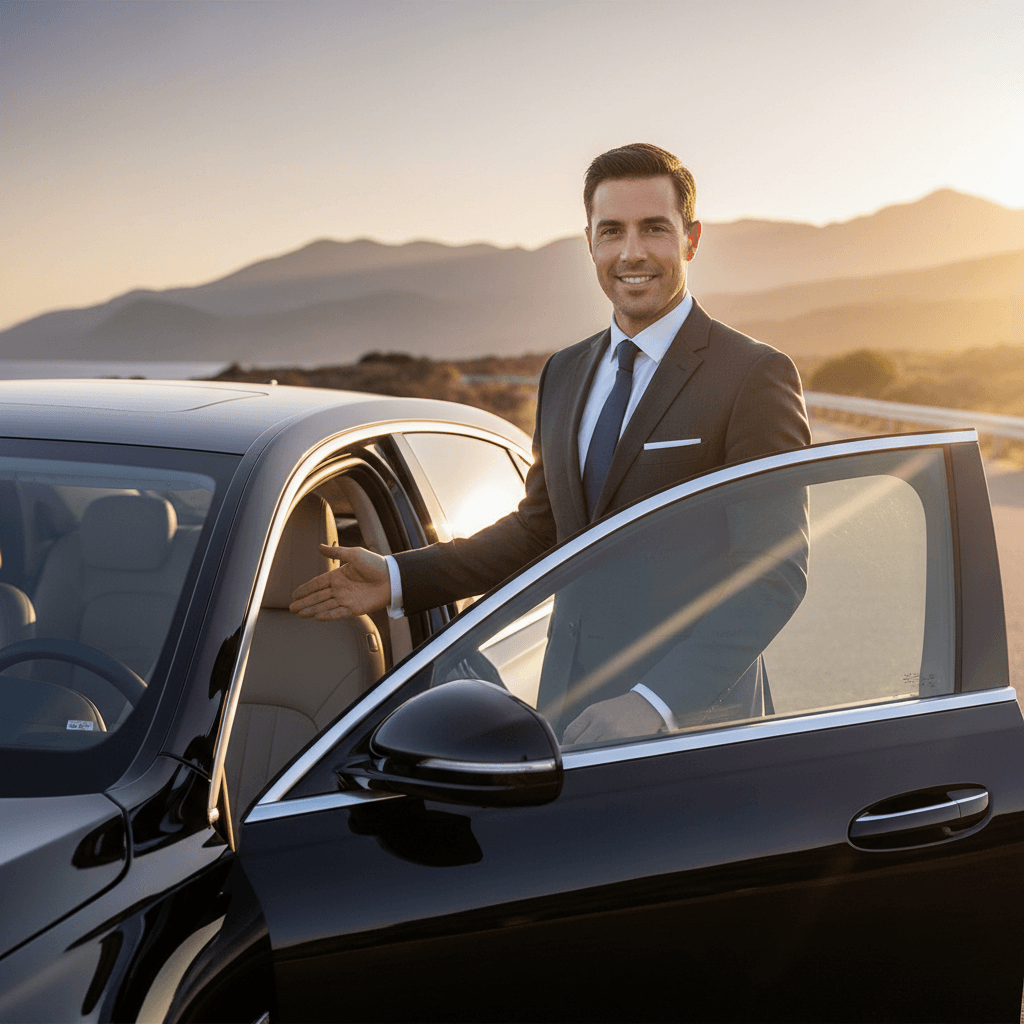 Chauffeur standing patiently beside luxury car waiting for bride