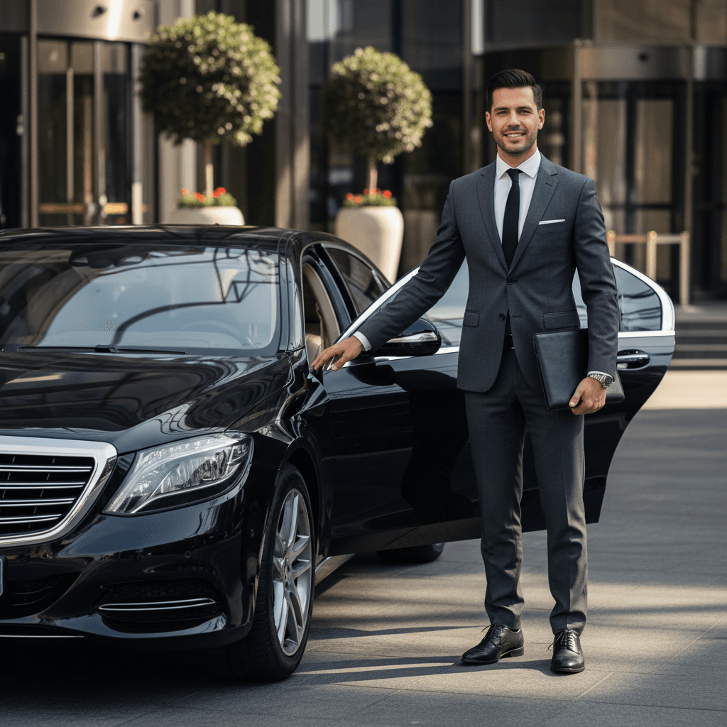 Professional chauffeur waiting discreetly during a private event