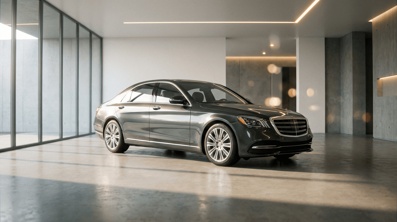 Luxury sedan ready during evening or early morning hours