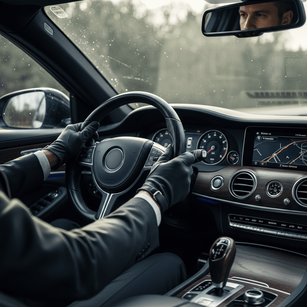 Chauffeur's hands on luxury car steering wheel