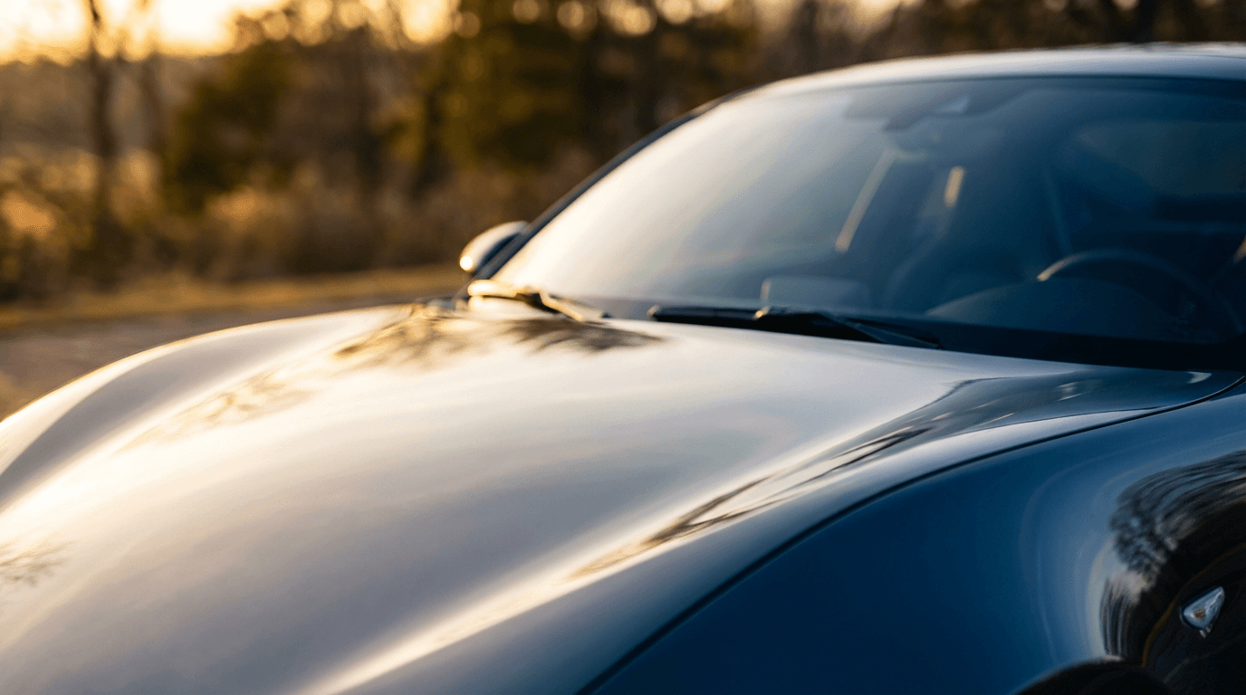 Polished luxury car hood reflecting golden light