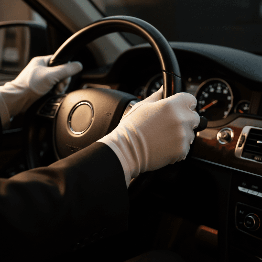 Close-up of chauffeur's gloved hands on steering wheel